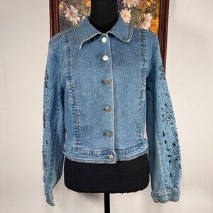 Vintage AneV Denim Jacket Women's "10" Blue Embroidered Cut Out Paisley VTG